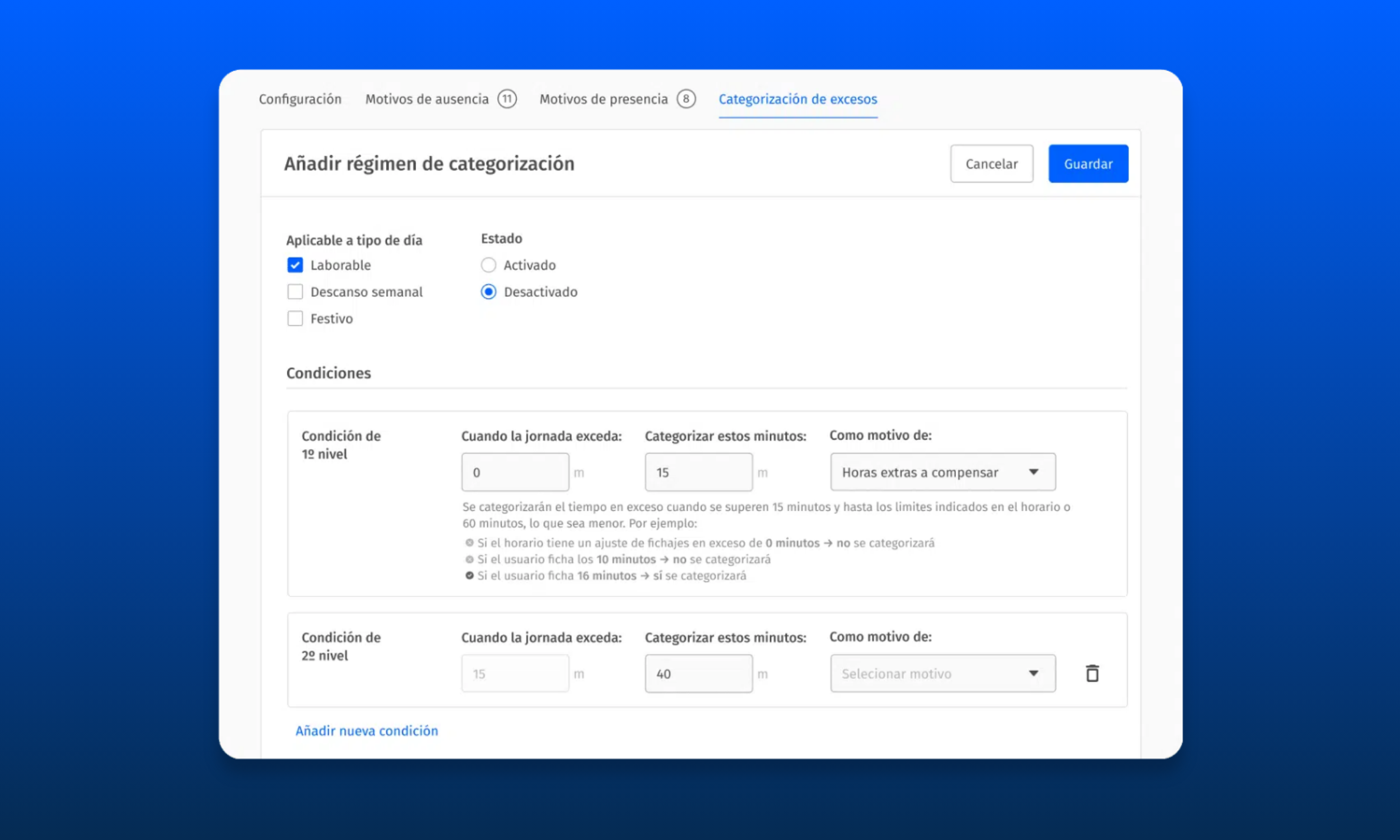 Interfaz de software para configurar la categorización de horas extras, fundamental para medir indicadores de recursos humanos.